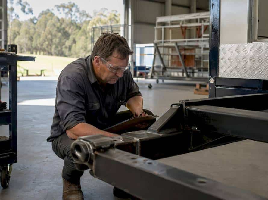 Man inspecting a horse float in factory workshop