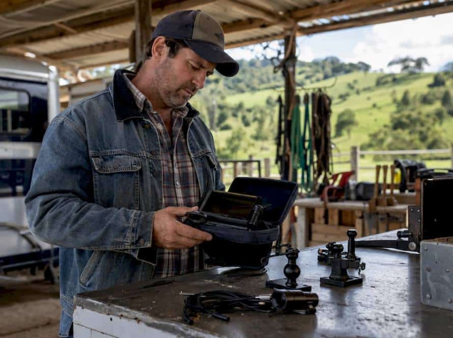 Man inspecting camera system in horse float workshop