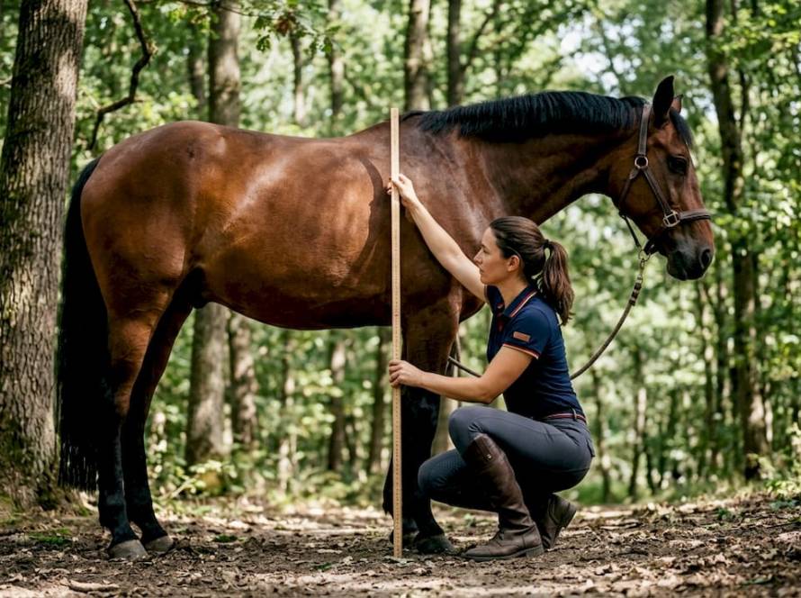 Woman measuring horse height at stable