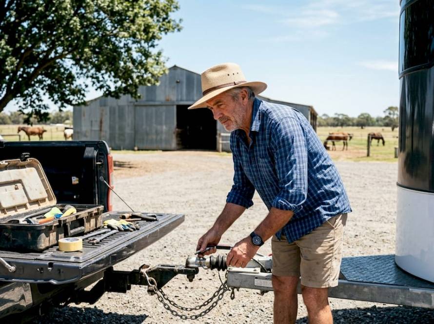 Horse owner inspecting float hitch safely