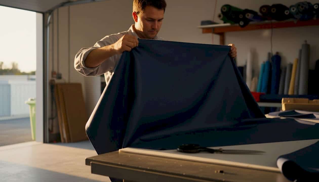 Hands inspecting heavy-duty horse float awning fabric