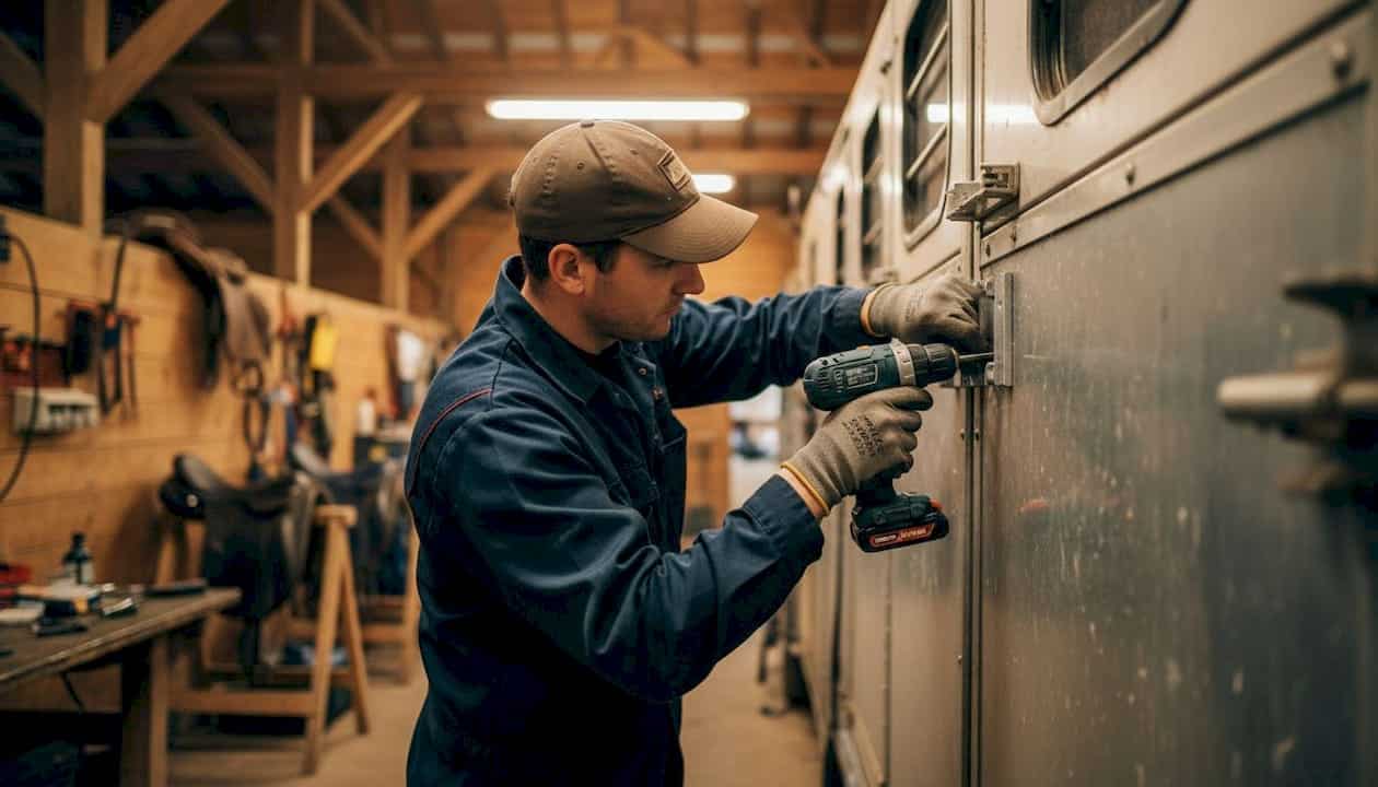 Technician installing awning mounting brackets on horse float