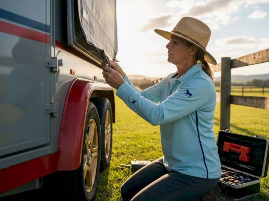 Australian equestrian setting up horse float awning outdoors
