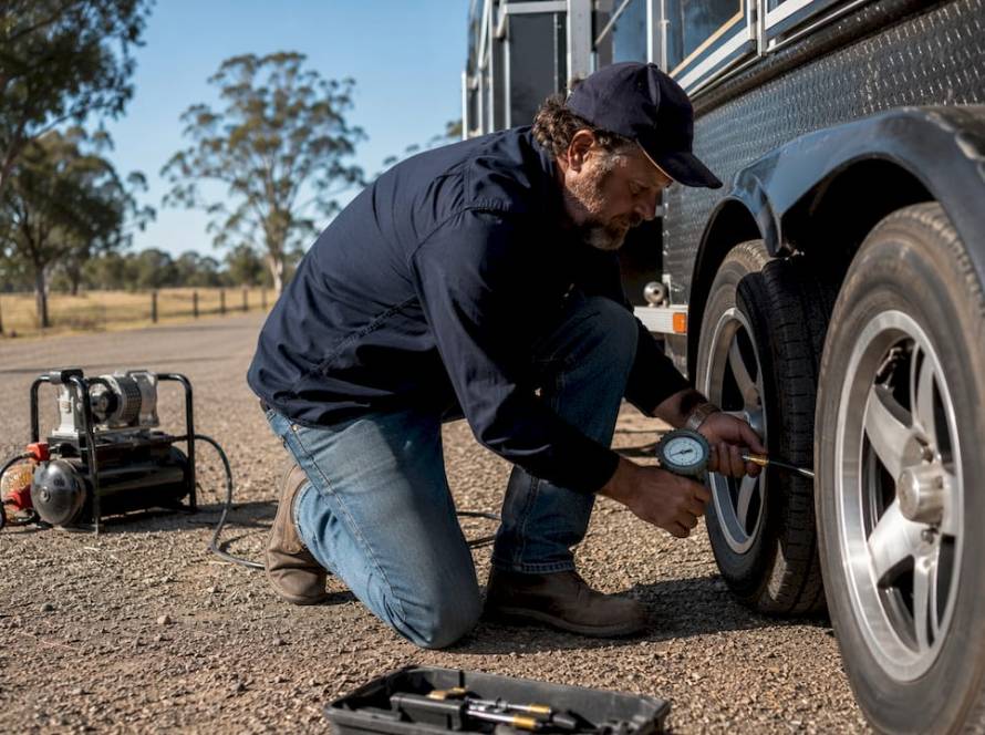 Man checking horse float tire pressure outdoors