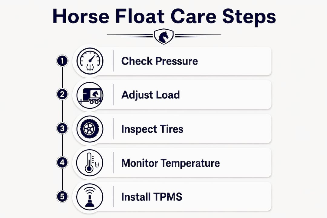 Infographic showing horse float tire pressure maintenance steps