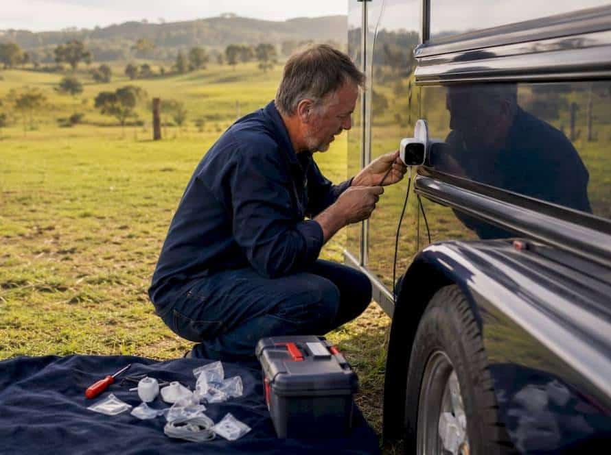 Technician installing wired camera inside horse float