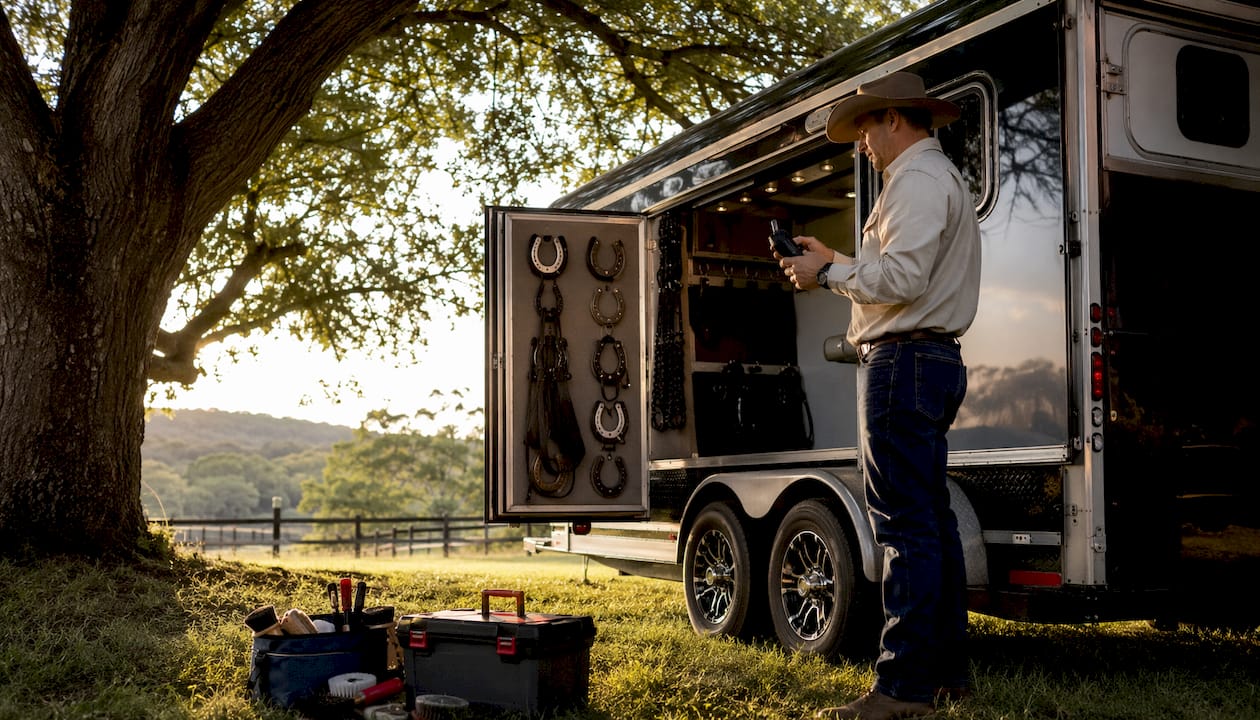 Person inspecting wireless camera near horse float outdoors