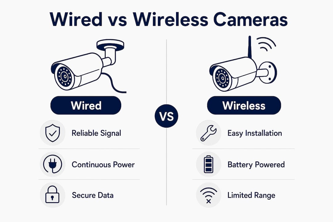 Infographic comparing wired and wireless horse float cameras