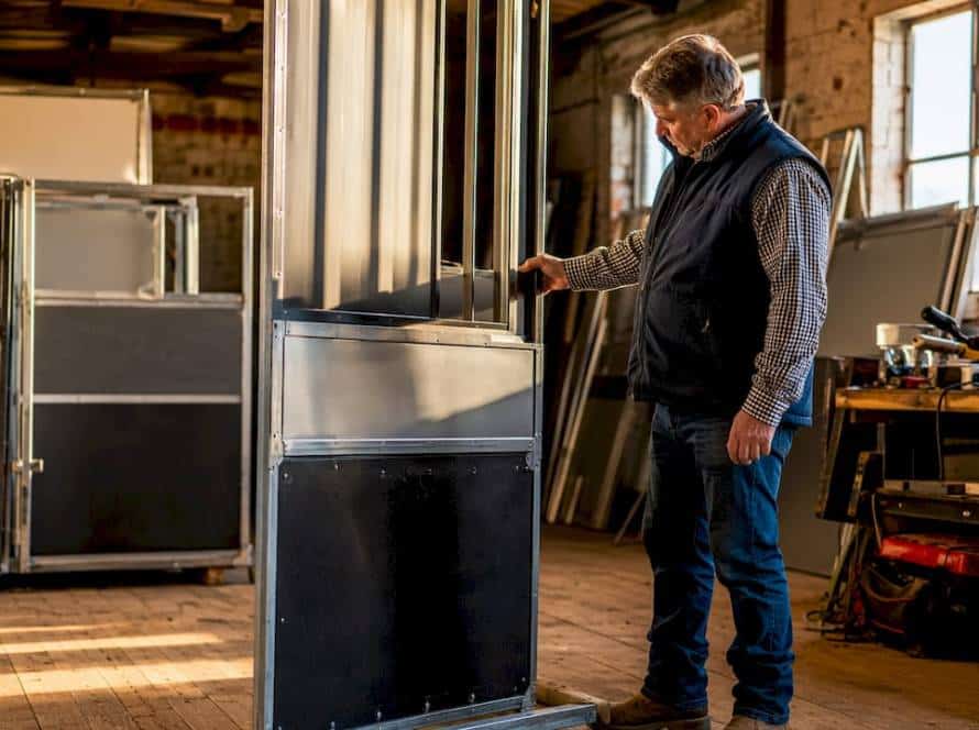 Person inspecting horse float bay divider in workshop