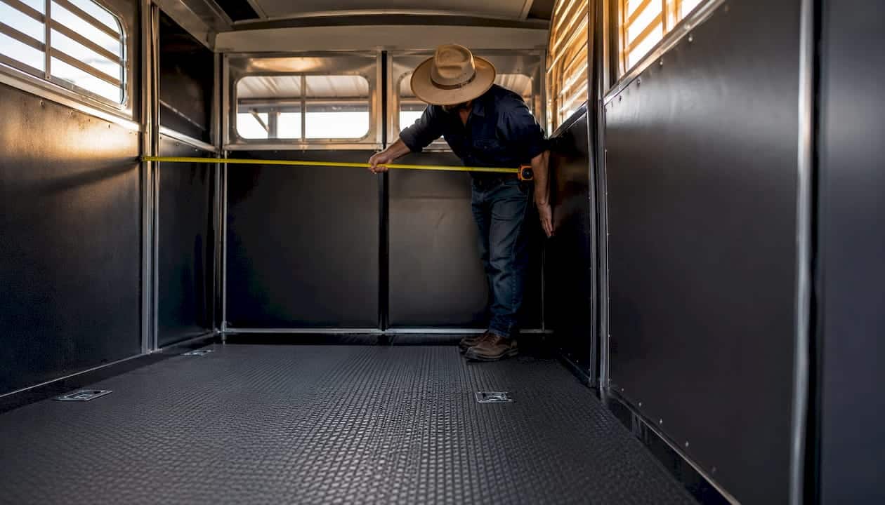 Person measuring inside horse float stall